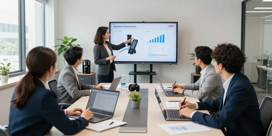 Team collaboration discussing business phone systems in a modern office setting, highlighting technology and teamwork.