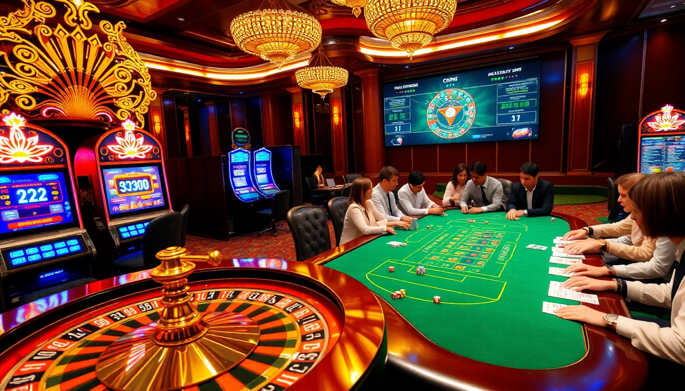 An engaging gambling scene with vibrant slot machines and roulette wheels at https://okfun.jpn.com/, inviting players to join the excitement.