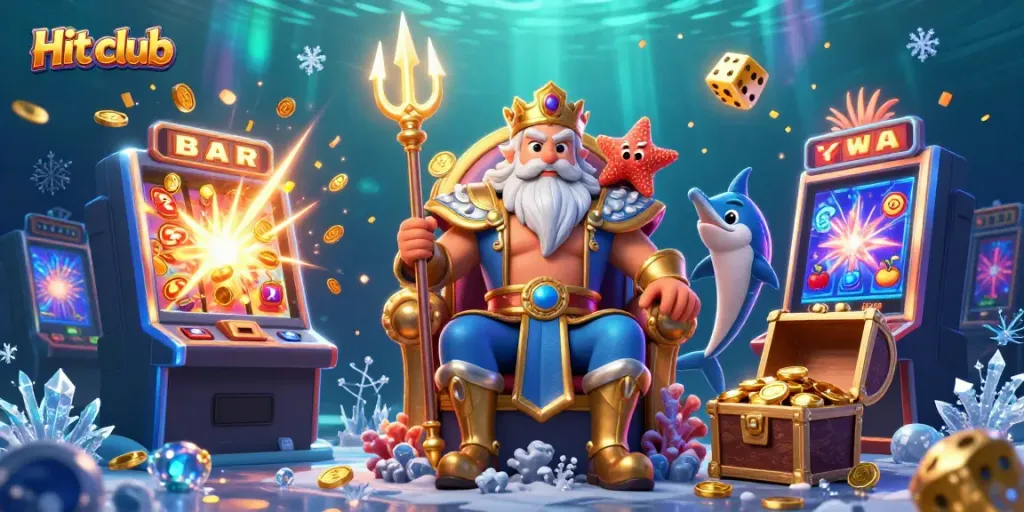 Spin to win with Hit club's vibrant slot machine and playful sea king Neptune in action.