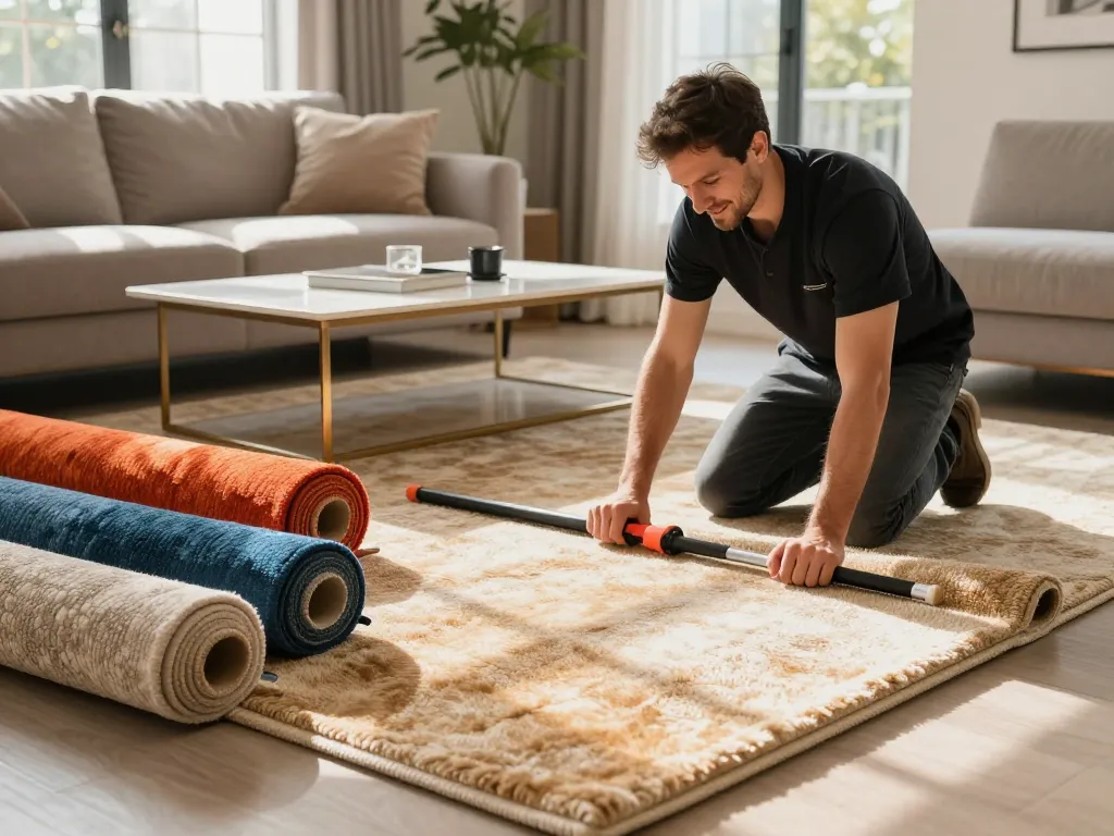 Home carpet fitting services in a cozy living room with professional fitter at work.