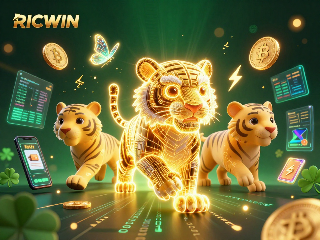 Experience the thrill of RICWIN in this vibrant casino scene filled with neon energies and crypto elements.