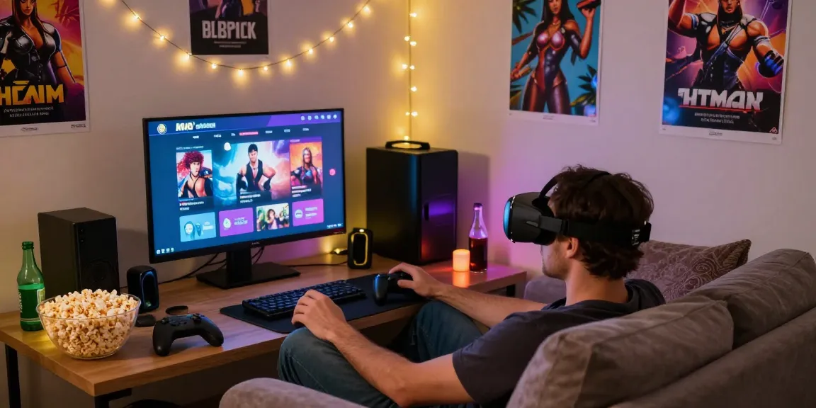 Engaged gamer playing interactive porn games HTML on a cozy sofa, warm lighting, and snacks.