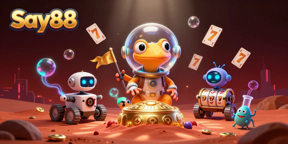 Experience the excitement of Say88 as the Martian gecko discovers a dazzling golden casino amidst lively playing cards and slot reels.