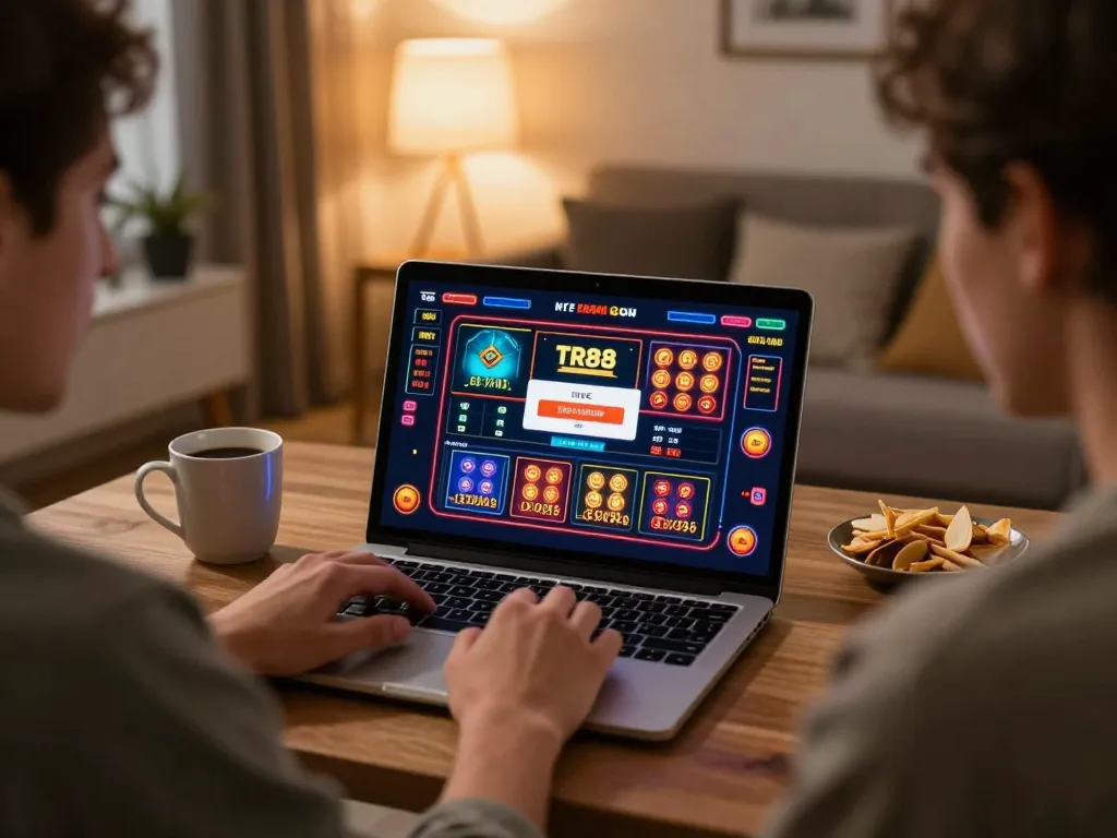 Engaging in TR88 COM online gambling session, player focused on winning strategies in cozy home setting.