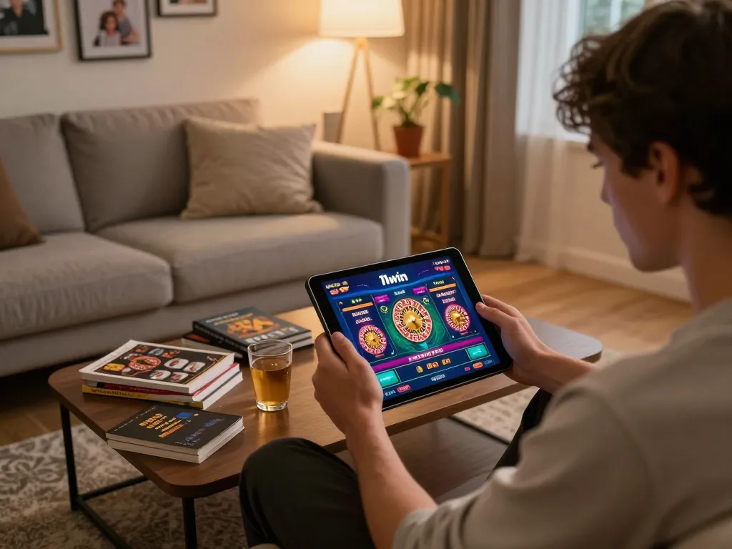 Engaging online casino experience at 11win showcasing gameplay on tablet in cozy home setting