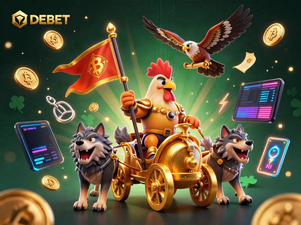 Engage in thrilling adventures at DEBET with a rooster warlord and fierce wolves amidst vibrant casino elements.