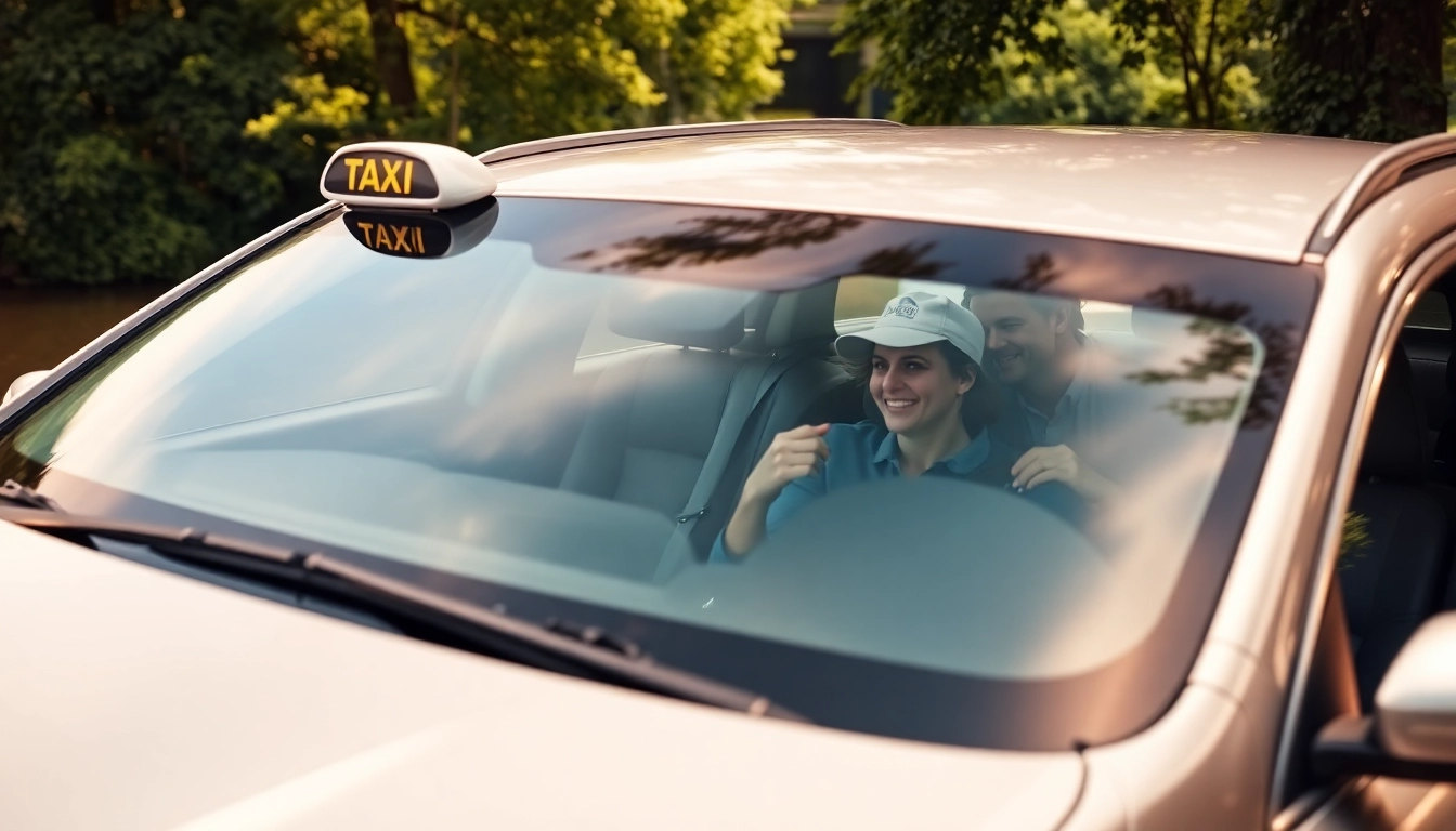 Pyrford taxi service showcasing a sleek vehicle near the riverside with friendly passengers.