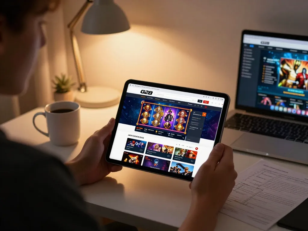 Engaging online gaming setup showing the G28 homepage with slot games displayed, perfect for responsible gaming.