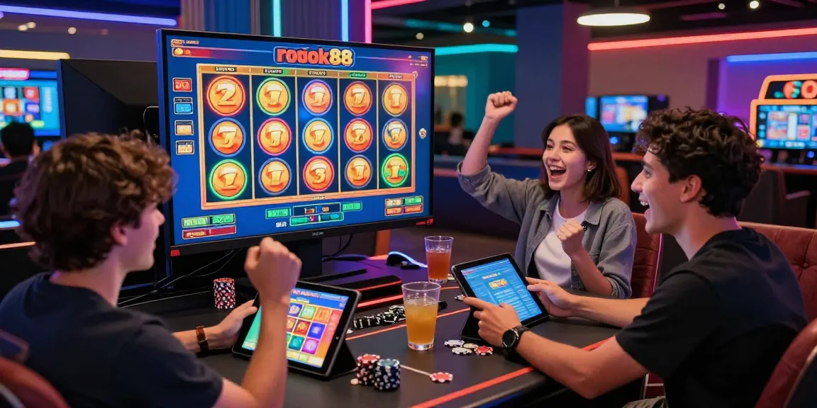 Experience the excitement of rokok88 slot login at a vibrant online casino scene with players engaged and colorful games.
