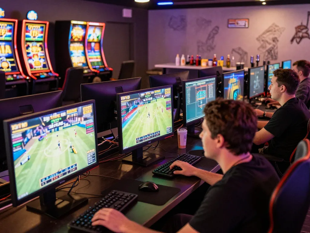 Players enjoying exciting games at tg88 online gaming lounge, vibrant atmosphere and colorful screens.