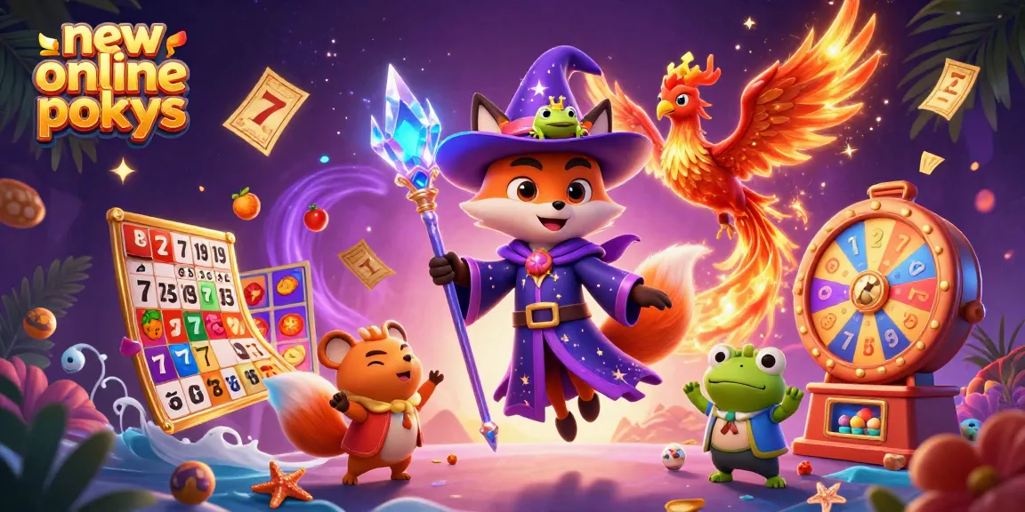 Experience thrilling new online pokies with vivid characters and exciting game elements in this dynamic illustration.