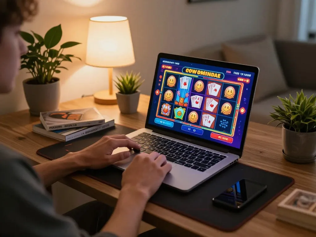 Player enjoying online gaming on Bomwin platform in a cozy home environment.