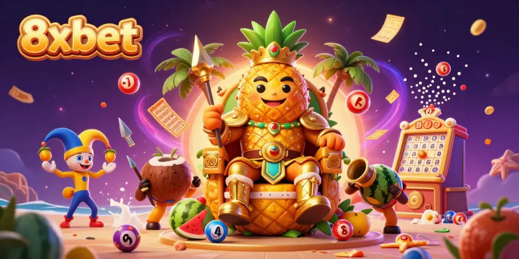 Win exciting prizes at 8xbet's vibrant beach casino with a golden pineapple king and lottery fun.