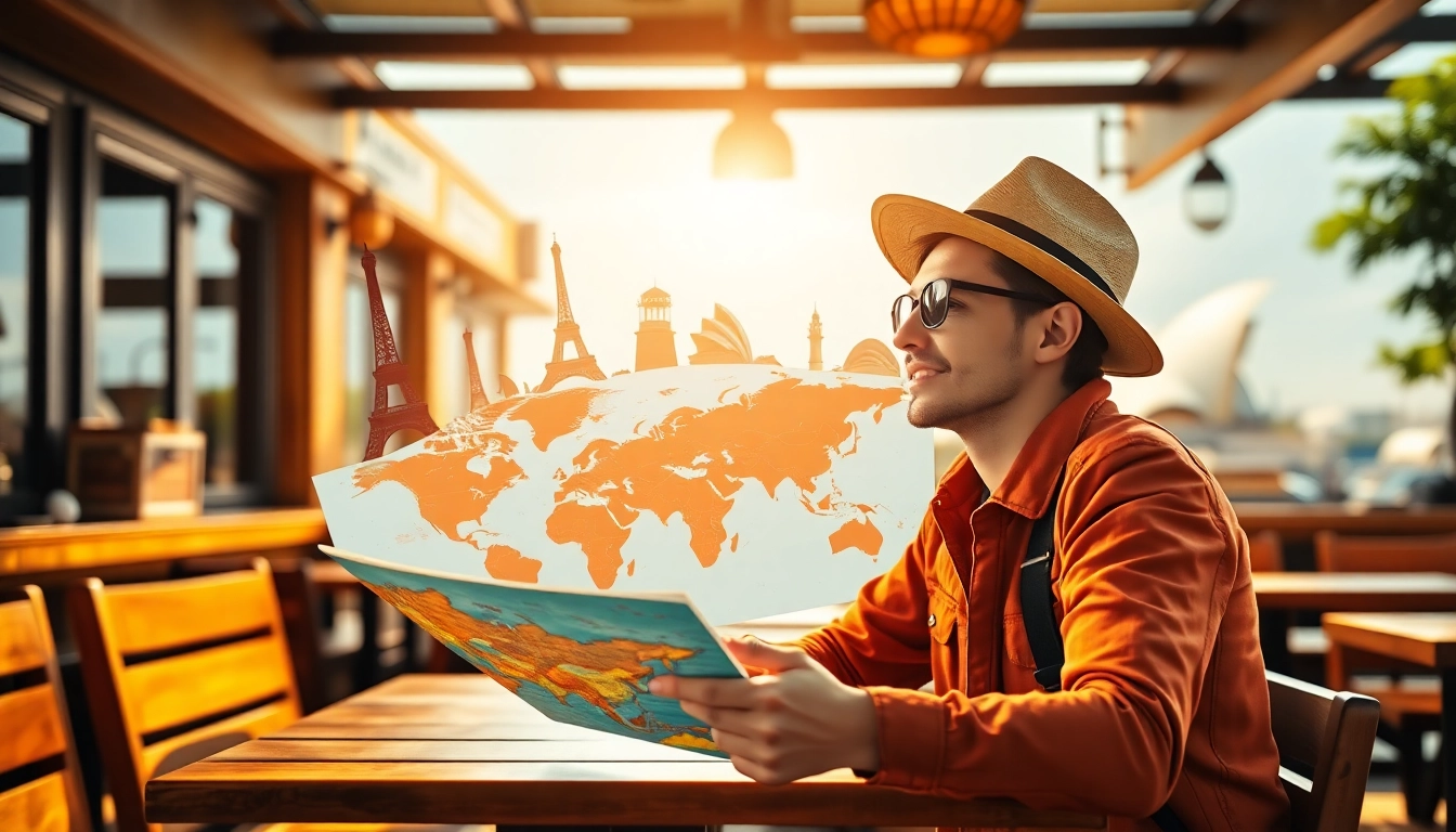 Traveler plans round the world destinations, surrounded by iconic landmarks in a lively café.