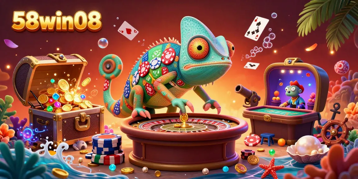 Catch exhilarating wins at 58win08, a chameleon casino owner amid sparkling treasures and game elements.