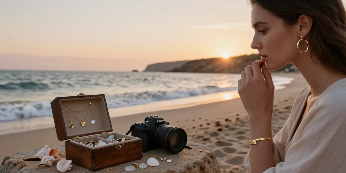 Bespoke jewellery UK showcased on a woman at the beach, wearing Dainty London's handcrafted pieces.