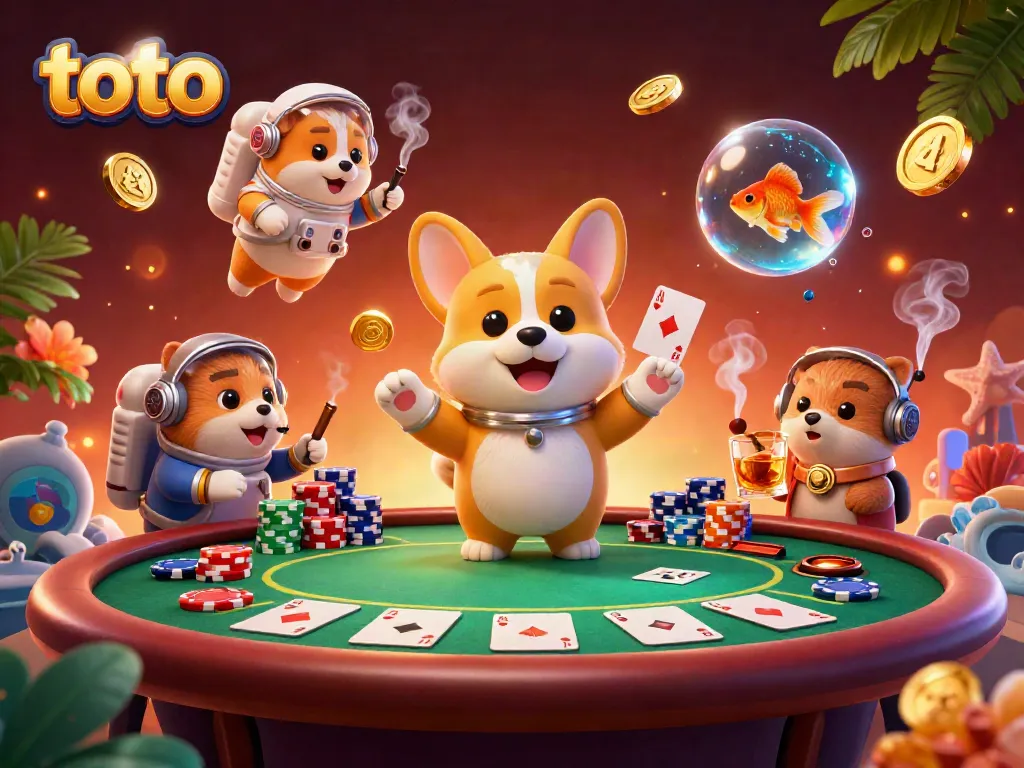 Engage in thrilling casino games with toto in a vibrant space scene filled with poker chips and cards.