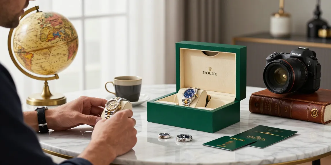 Examining a Rolex replica with luxury packaging in a stylish office.