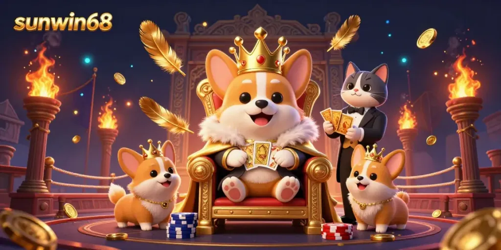 Play thrilling games at sunwin68 with the royal corgi throne and captivating casino elements.