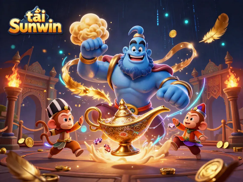 Enhance your gameplay with tải Sunwin, captivating scene of a genie and poker chips.