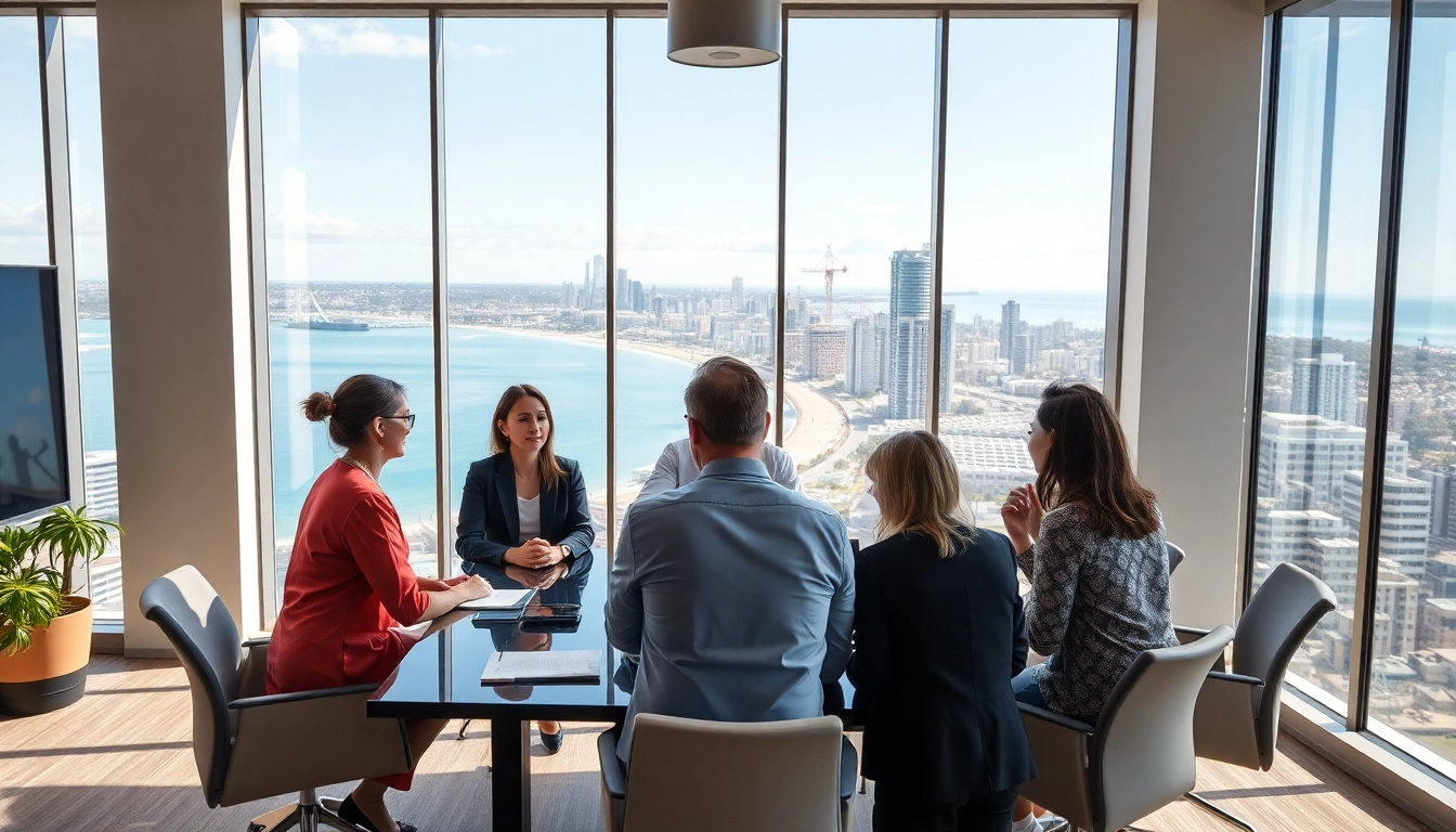 Engaged professionals discussing strategies for Australia in a modern office setting.