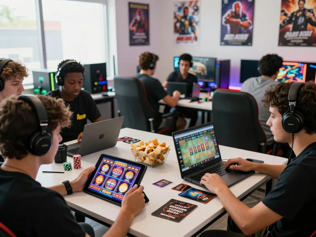 Players downloading tải sunwin app for an engaging gaming experience in a vibrant online gaming lounge.