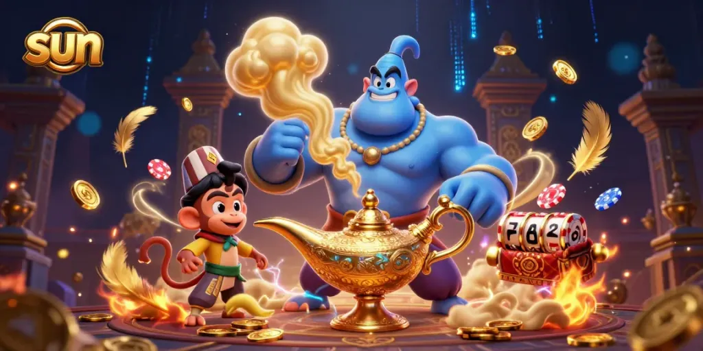 Engage with sun-themed slots as a genie unleashes excitement in an illustrated casino world.