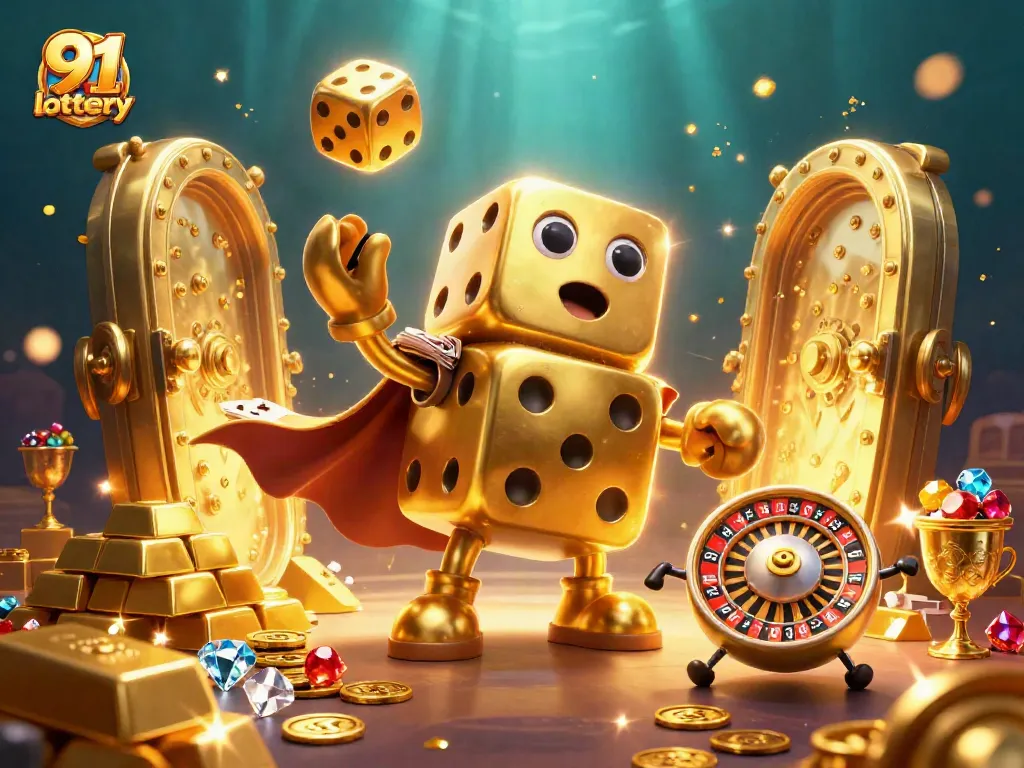 Join the excitement of the 91 club lottery, where golden dice and gems fill the scene with action.