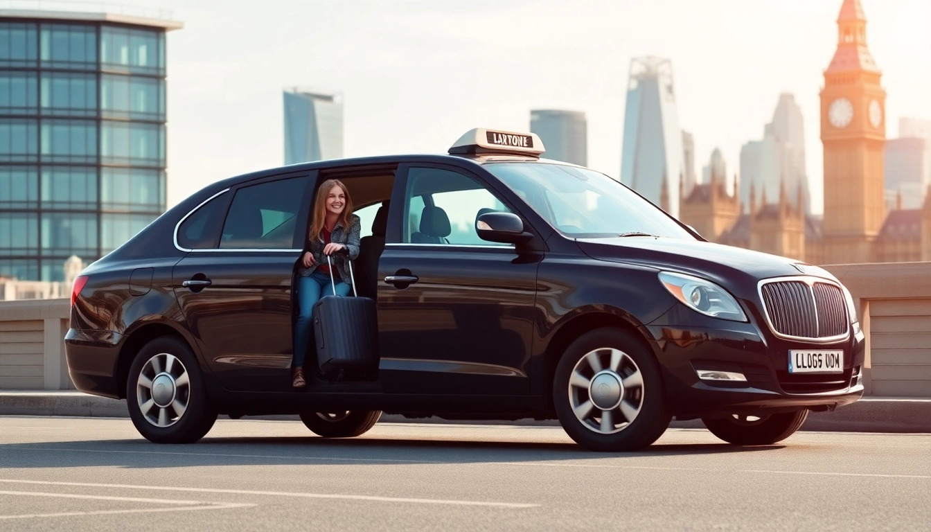 Taxi service at Heathrow, Gatwick with family loading luggage into a cab against the London skyline.