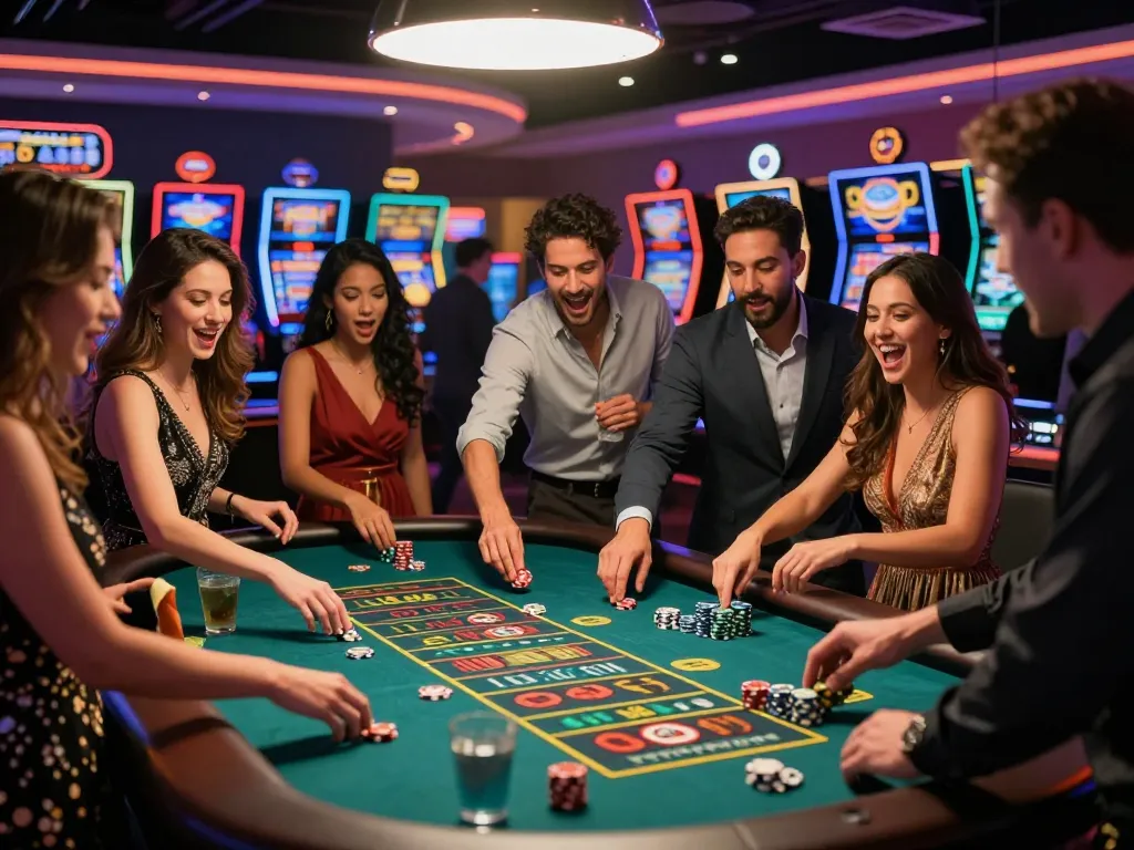 Exciting gambling scene at https://rikbet.in.net/, friends celebrating a win at a roulette table.