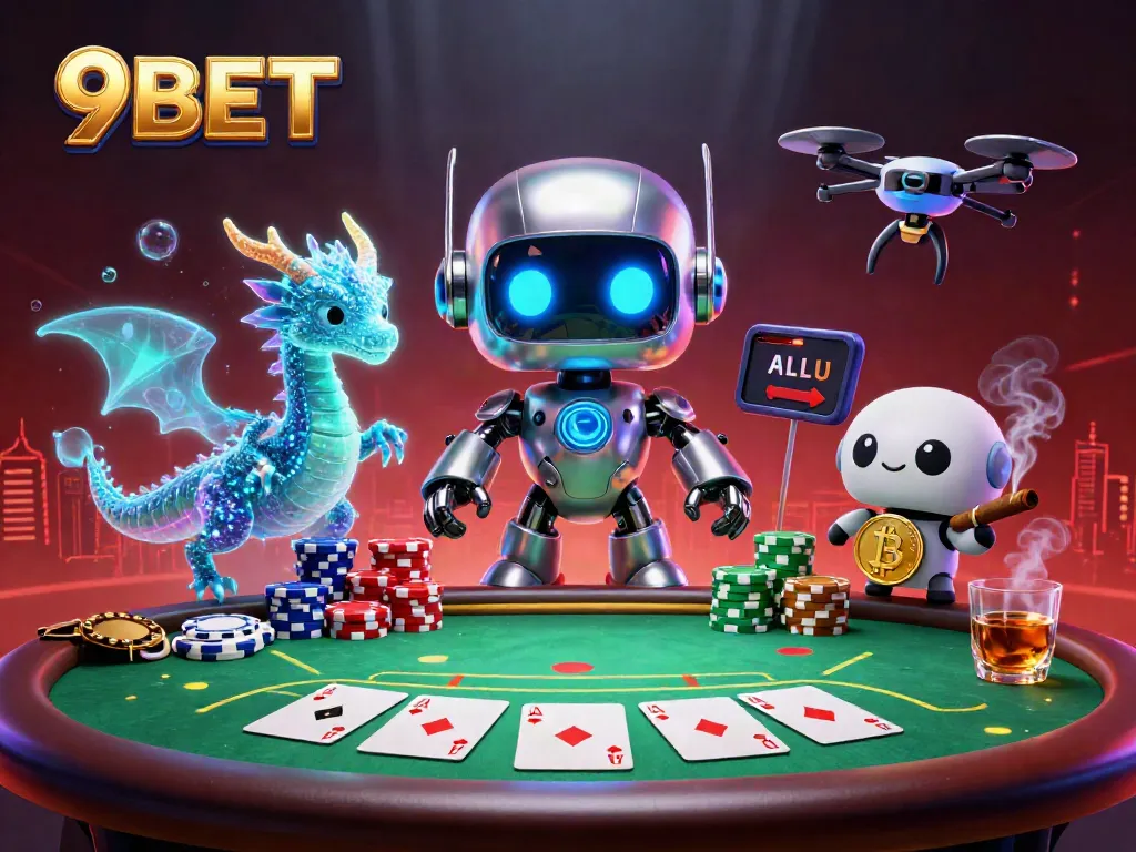 Engage with thrilling poker action at 9BET, featuring vibrant casino elements and colorful chips.