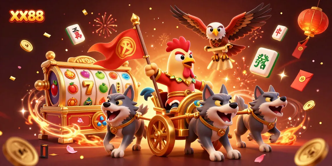 Win big at XX88 with a 3D rooster warlord pulling a golden chariot amidst vibrant casino symbols.