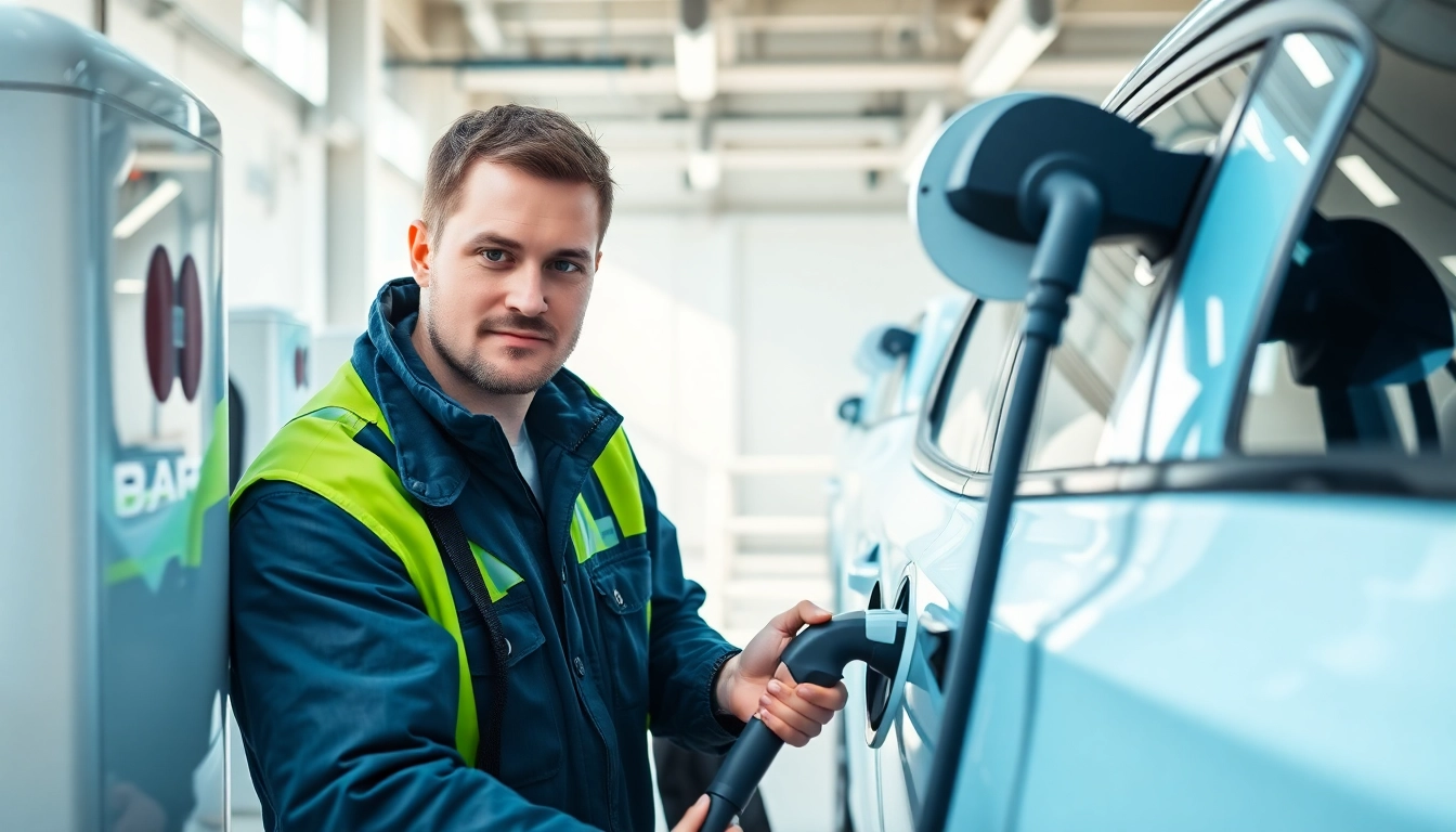 Technician performing EV Charging Installation at a bright, modern facility.