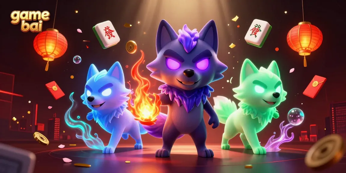 Engaging game bai scene featuring a mystical wolf leader and floating game elements for online gaming.
