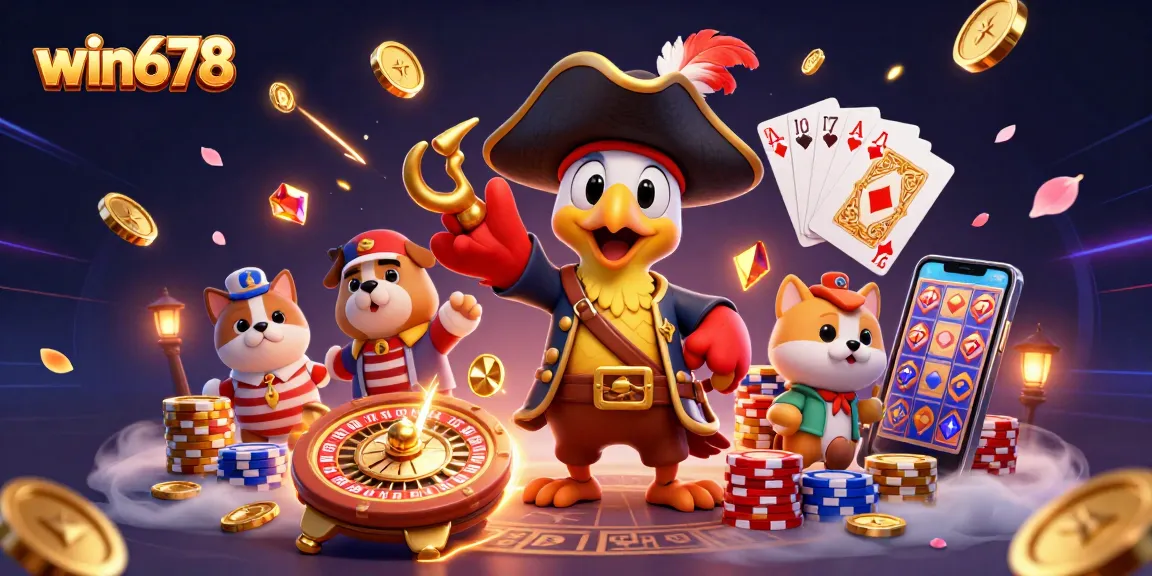 Experience winning excitement at win678 with a dynamic 3D casino scene featuring colorful elements and characters.