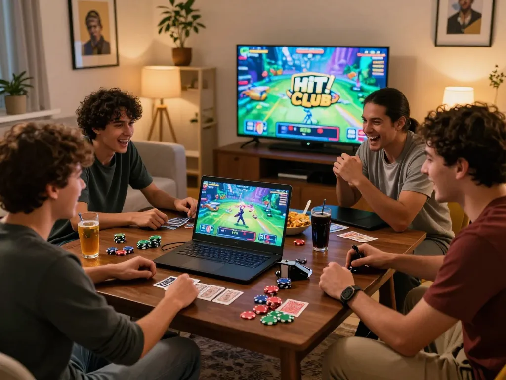 Engaged gamers enjoying gameplay while tải hitclub in a vibrant living room atmosphere
