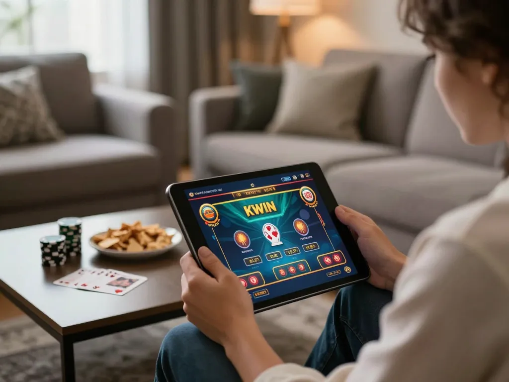 Engaging player enjoying KWIN casino games on a tablet in a cozy living room setting