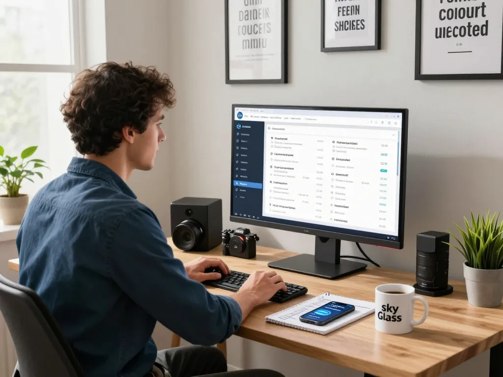 Entrepreneur using the Sky Glass IPTV Reseller Panel in a modern office with analytics on display.