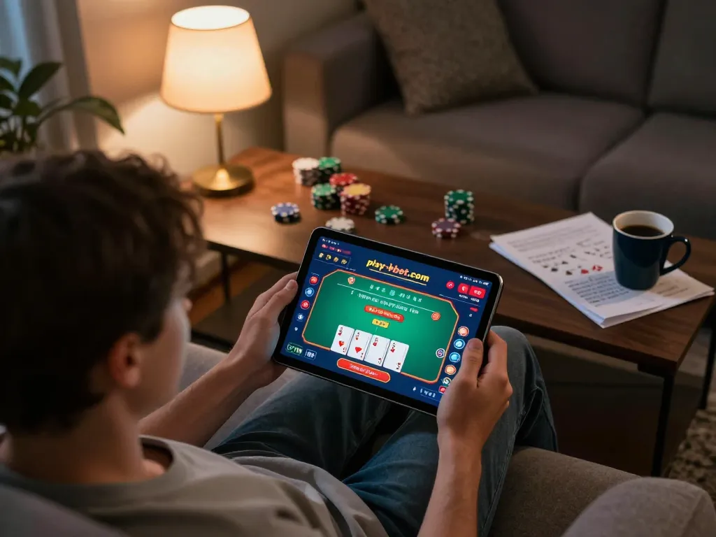 Engaged player at https://play-hbet.com/ enjoying a poker game on tablet in cozy home setting