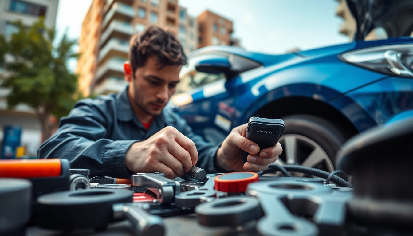 Mobile car repair technician fixing a vehicle in an urban setting.