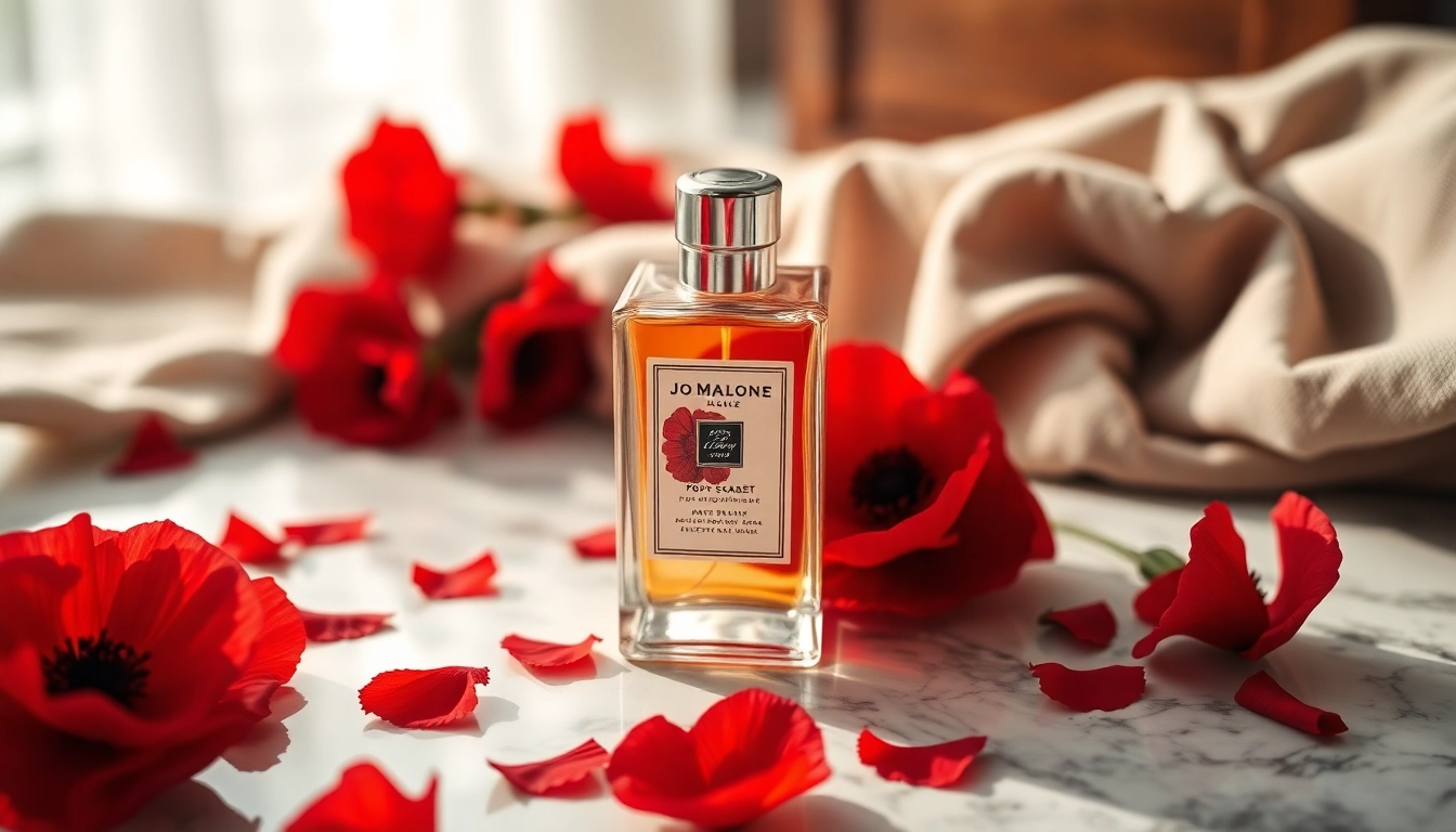 Captivating Jo malone Poppy scarlet fragrance bottle surrounded by red poppies in a soft light.