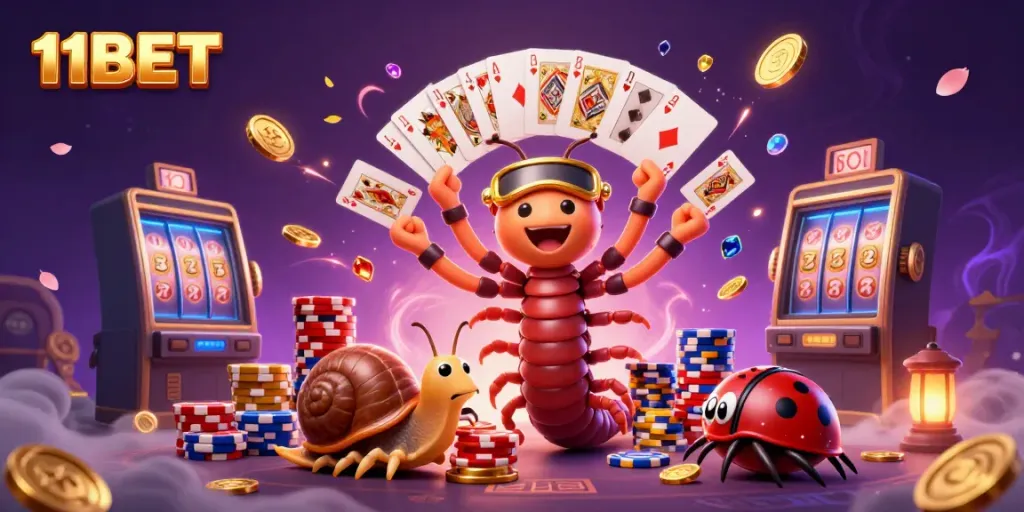 Engage with the dynamic 11BET casino scene featuring colorful characters and vibrant games.