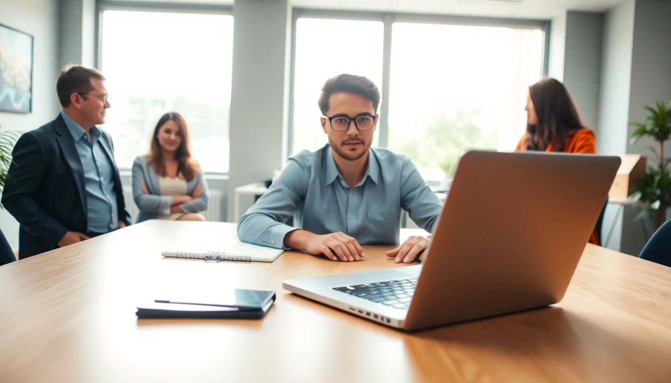 Illustration of dyslexia at work support, depicting a professional environment with a focused individual and supportive colleagues.