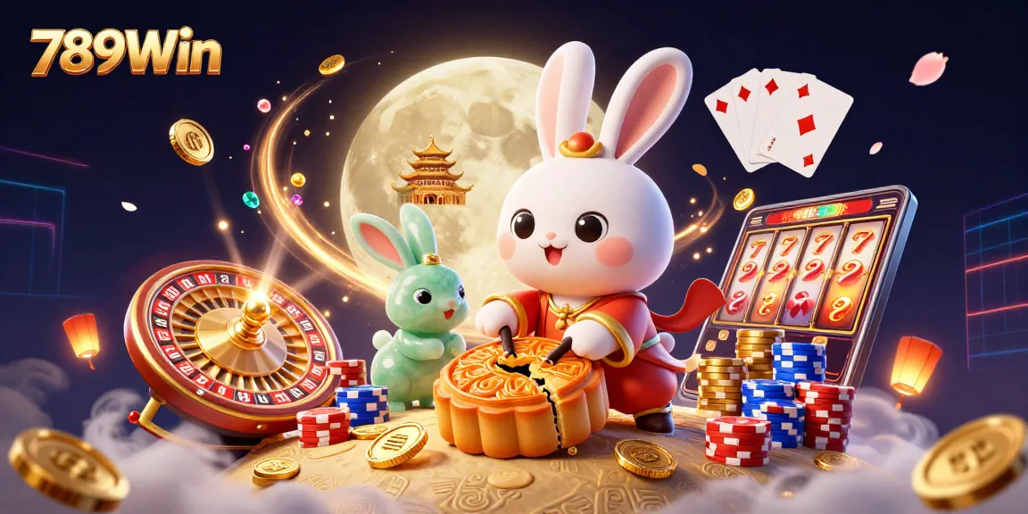 Experience exhilarating gaming with 789Win's vibrant casino scene featuring a playful moon rabbit.