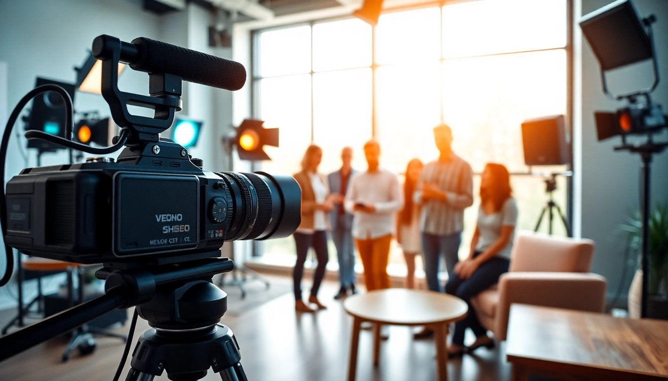 Engaging corporate video production team collaborating in a professional studio.