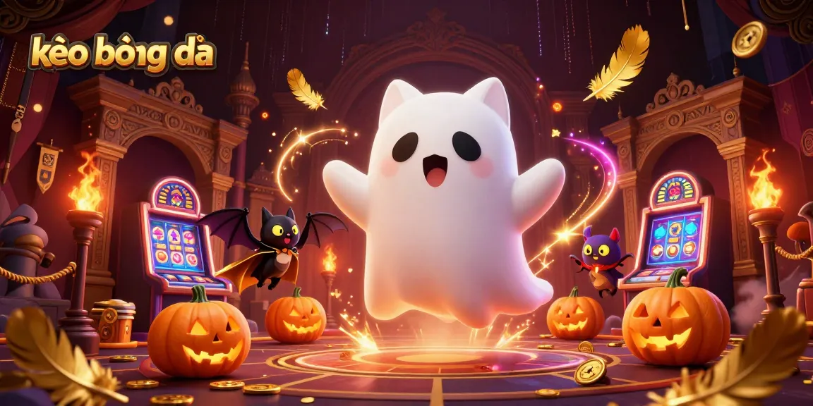 Engage with kèo bóng đá in a vibrant haunted casino scene featuring a ghost cat and vampire bat.