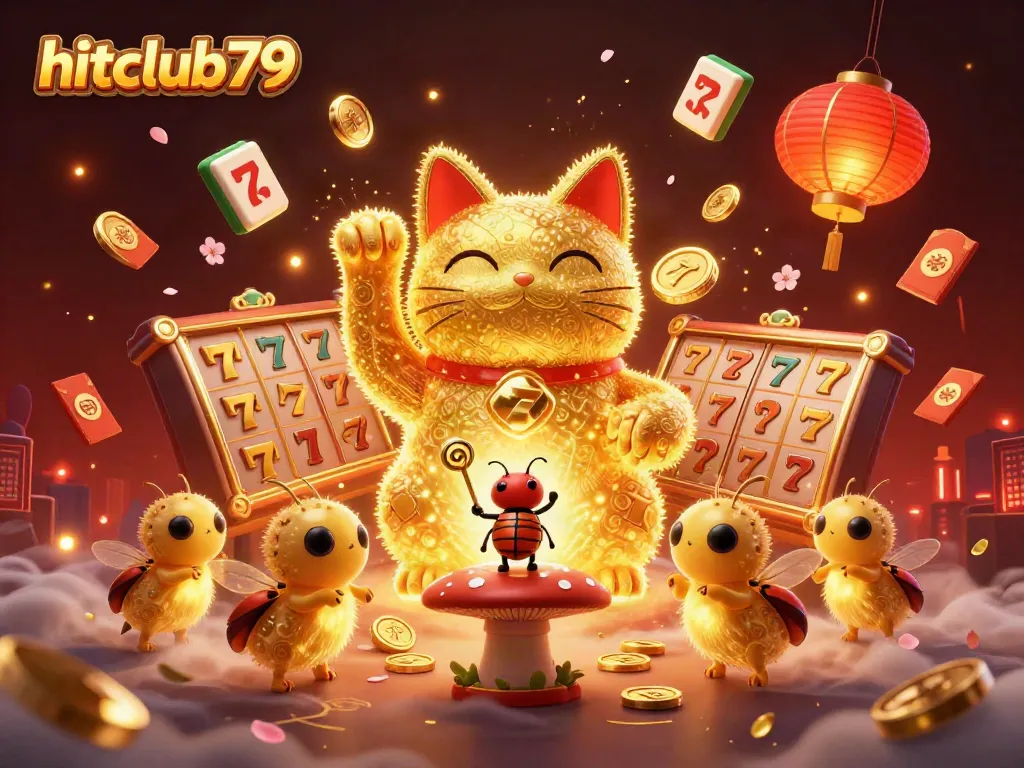 Experience the thrill of hitclub79 with exciting casino elements and a vibrant lucky cat.