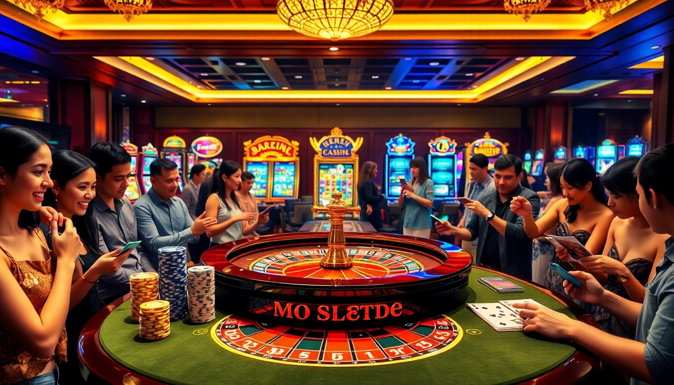 Exciting gameplay at KKWIN WEB with players engaged at a roulette table and vibrant slot machines.