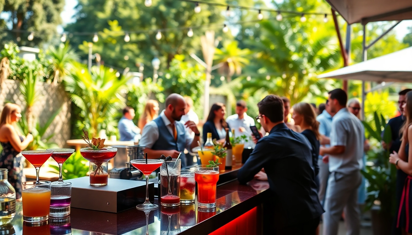 Engaging mobile bar service at a vibrant outdoor event with colorful cocktails and expert bartenders.