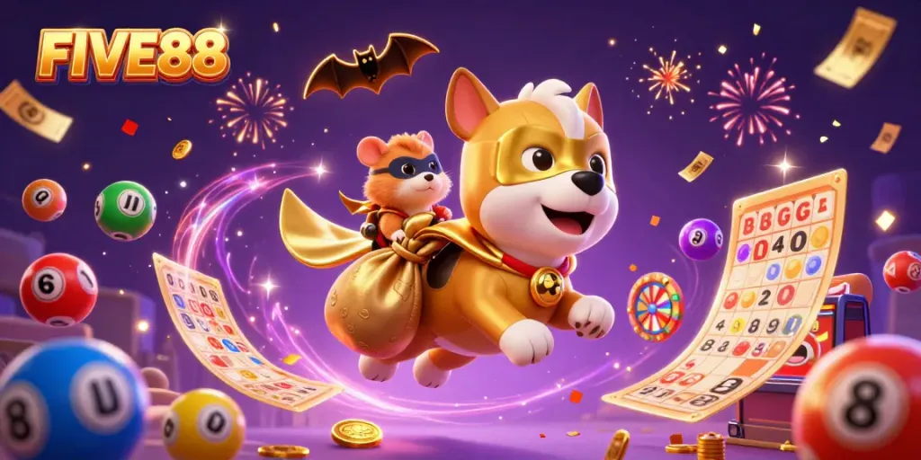Experience FIVE88's thrilling gameplay with a superhero dog and hamster in an exciting casino adventure.